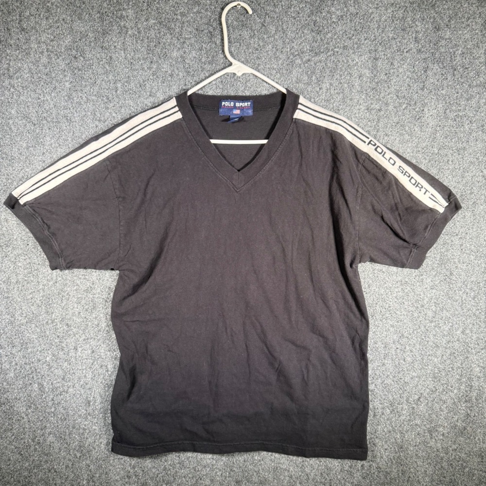 Vintage Polo Sport Ralph Lauren Spell Out V-Neck T-Shirt Mens L Black Stripe